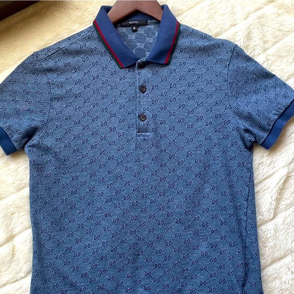 Authentic Mens-Gucci Cotton knit polo- Blue on blue with monogram print